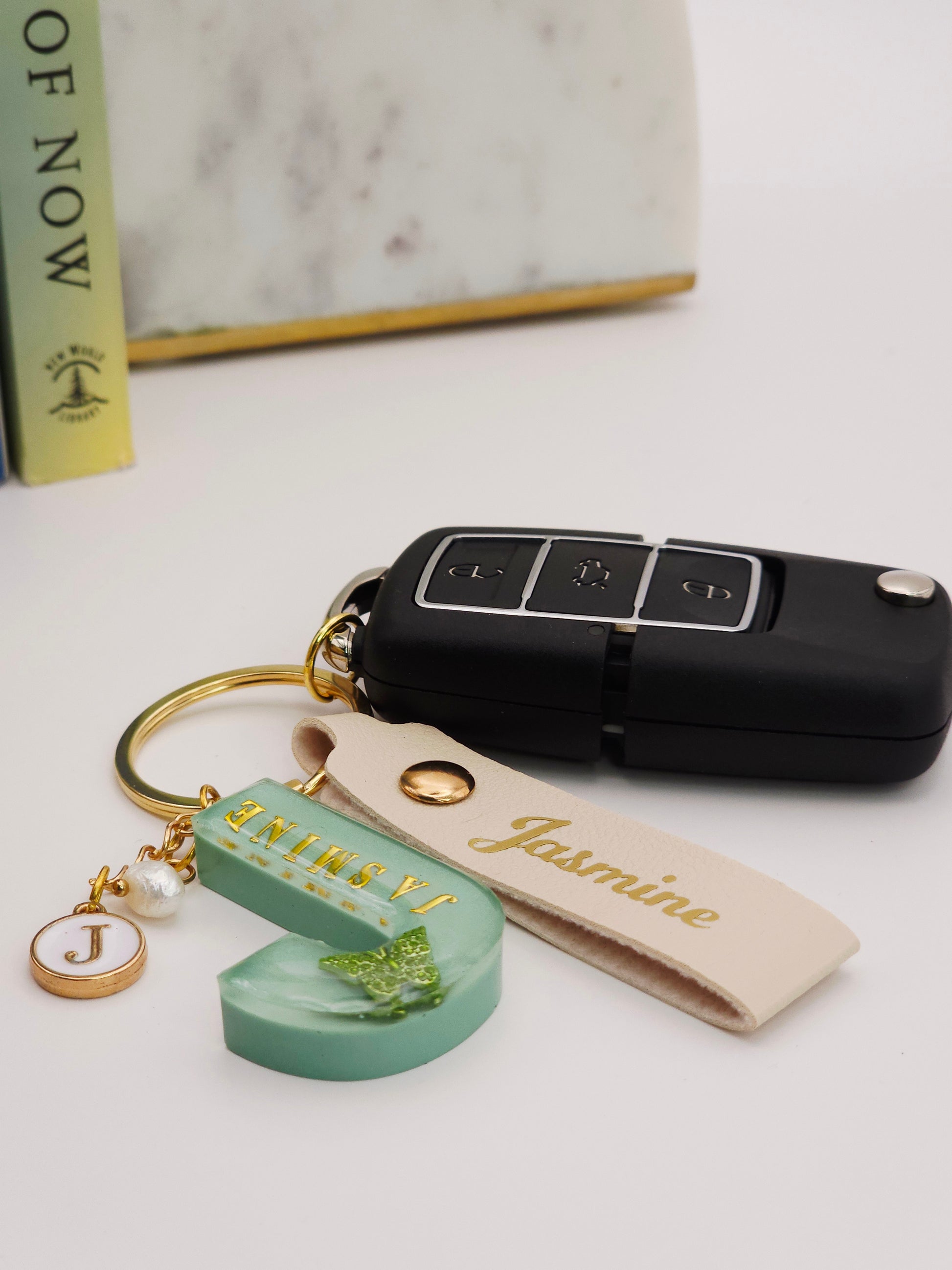 Personalized Resin Letter Keychain with Butterfly & Gold Details