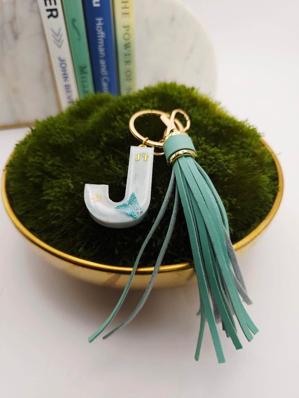 Personalized Marbled Letter Keychain with Butterfly & Gold Initial