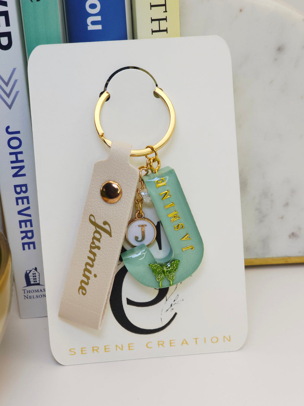 Personalized Resin Letter Keychain with Butterfly & Gold Details
