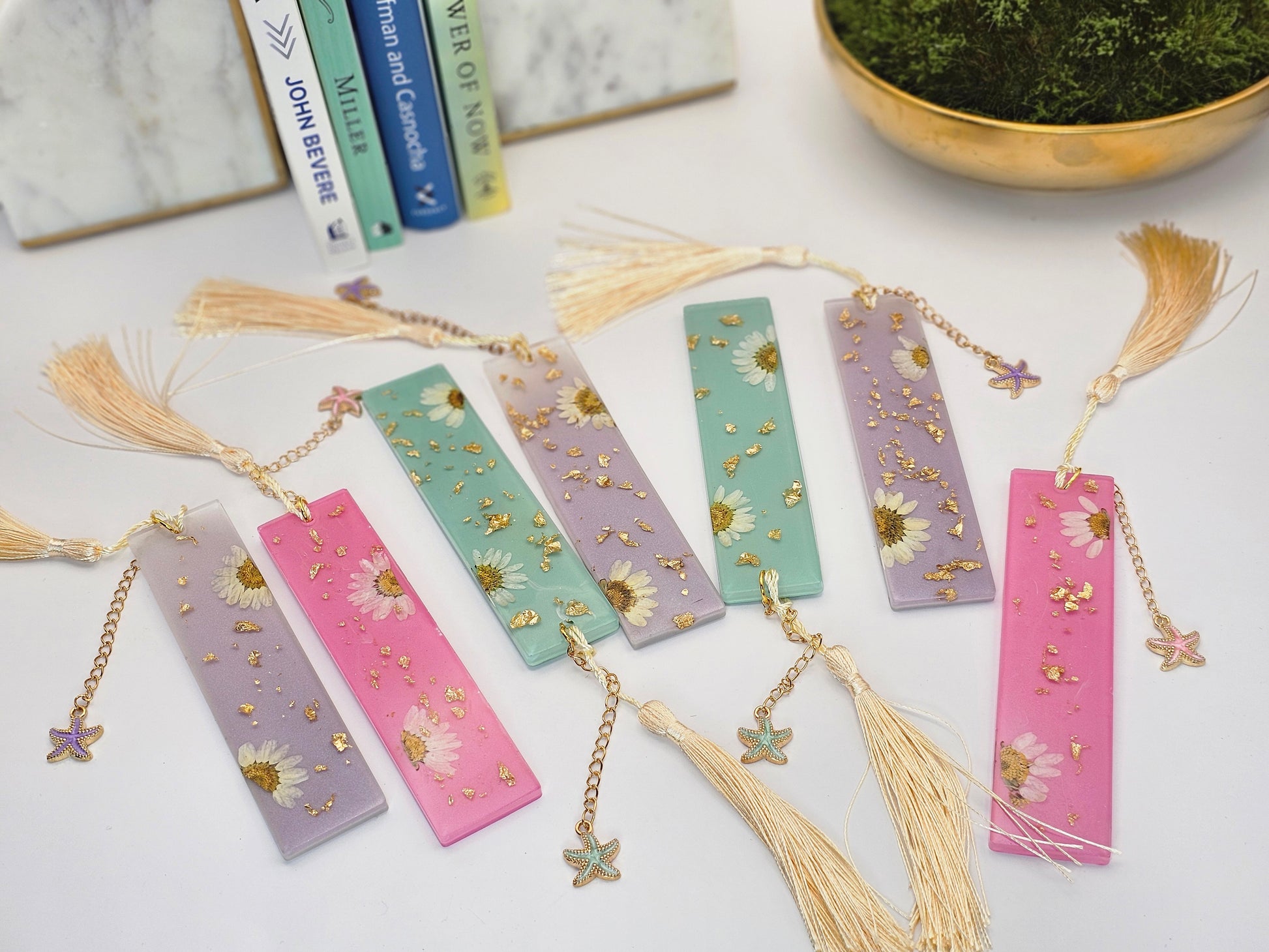 Pressed Daisy Resin Bookmark with Charm & Tassel
